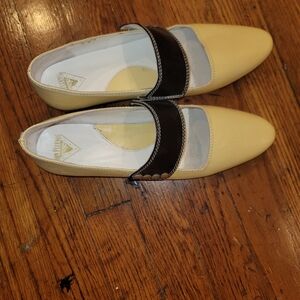 John Fluevog Yellow, Black, Brown Flats. Size 8.